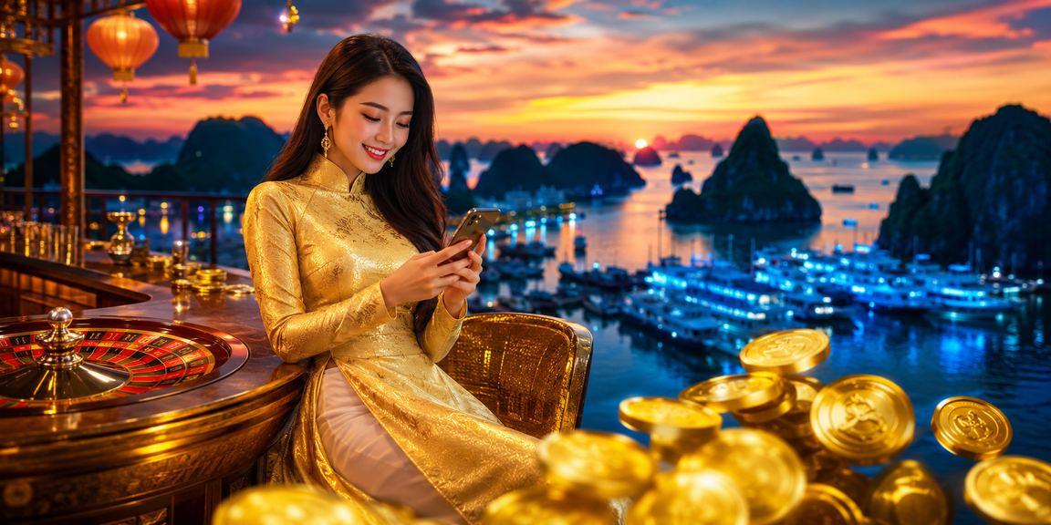Cảnh Vịnh Hạ Long với trò chơi roulette theo phong cách áo dài Việt Nam
